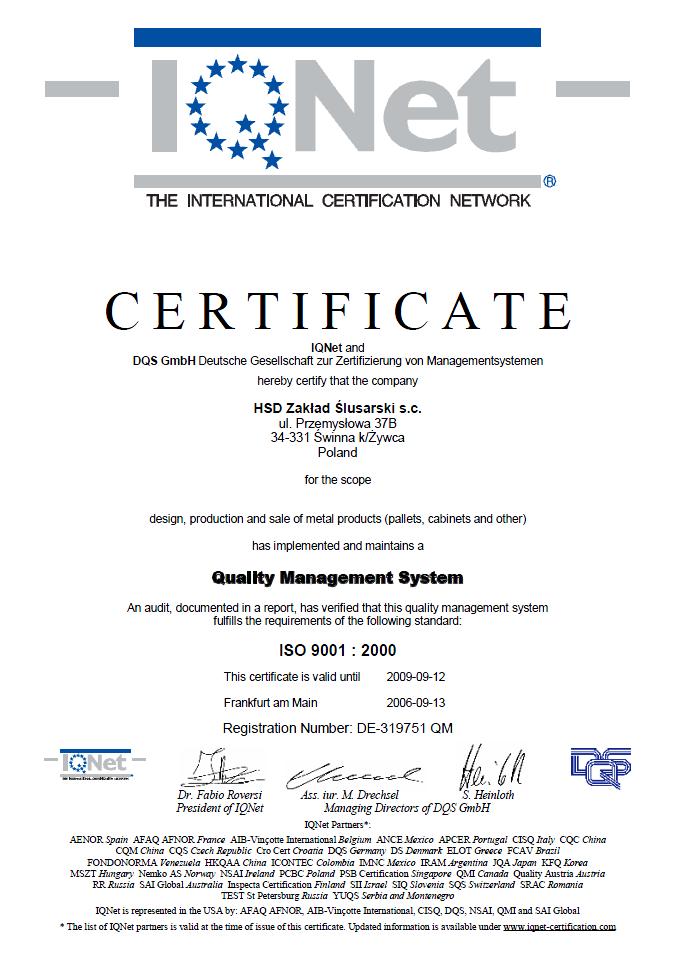 Certyfikat Orginał 2 HSD IQNet E